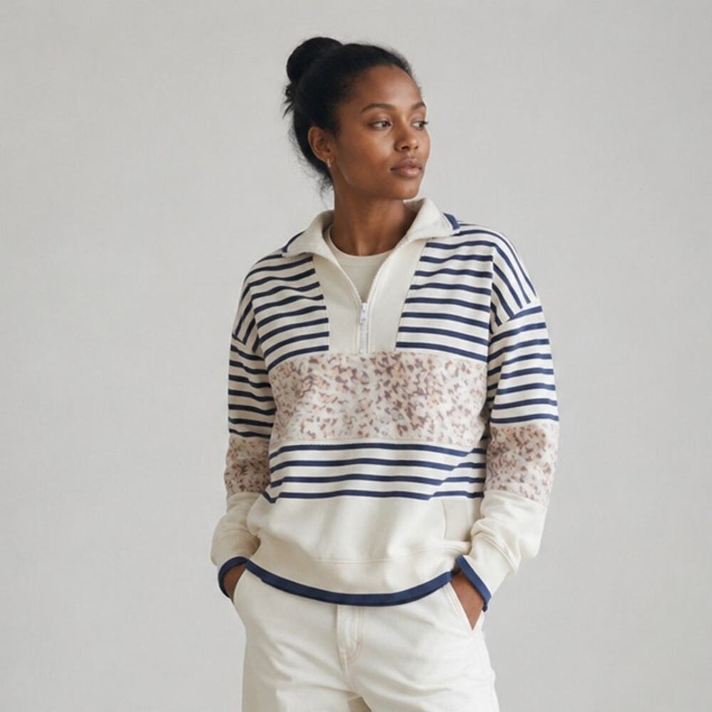 Jaggad Palmer Animal Print Striped Half Zip-Neck Logo Sweatshirt, size S